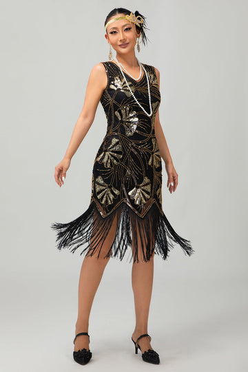 Sparkly Black Golden Fringed 1920s Dress